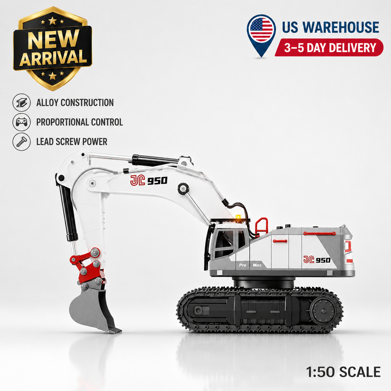 Tobfun JC950 RC Excavator – Front View with Protective Metal Sleeve and Hydraulic Lines