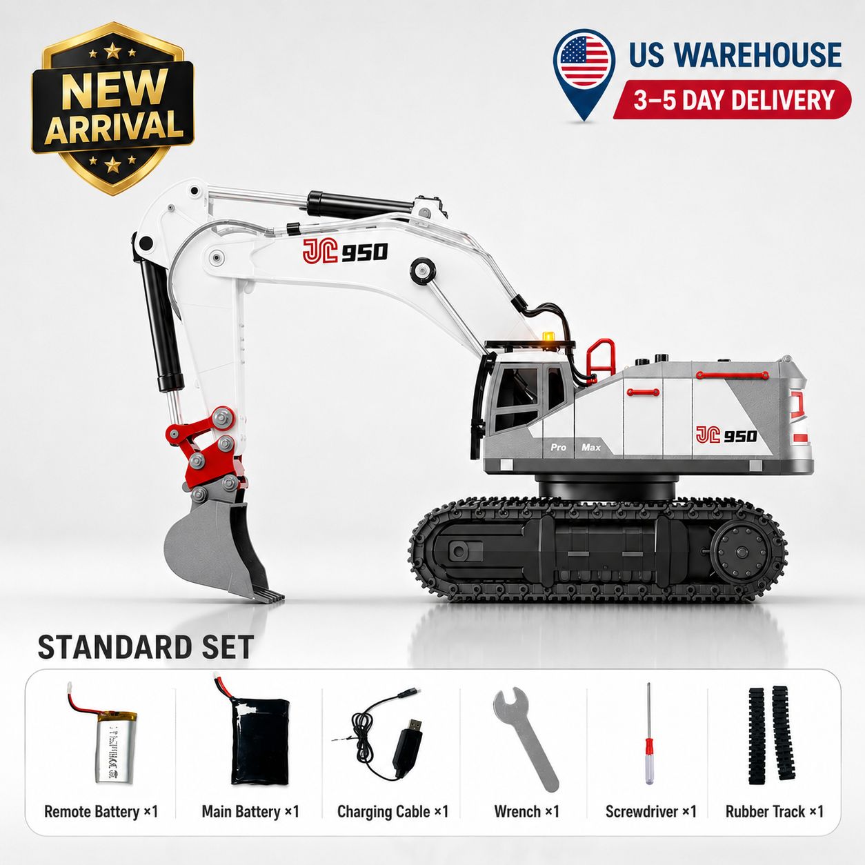 Tobfun JC950 RC Excavator – Side View showing 1:50 Scale Alloy Construction